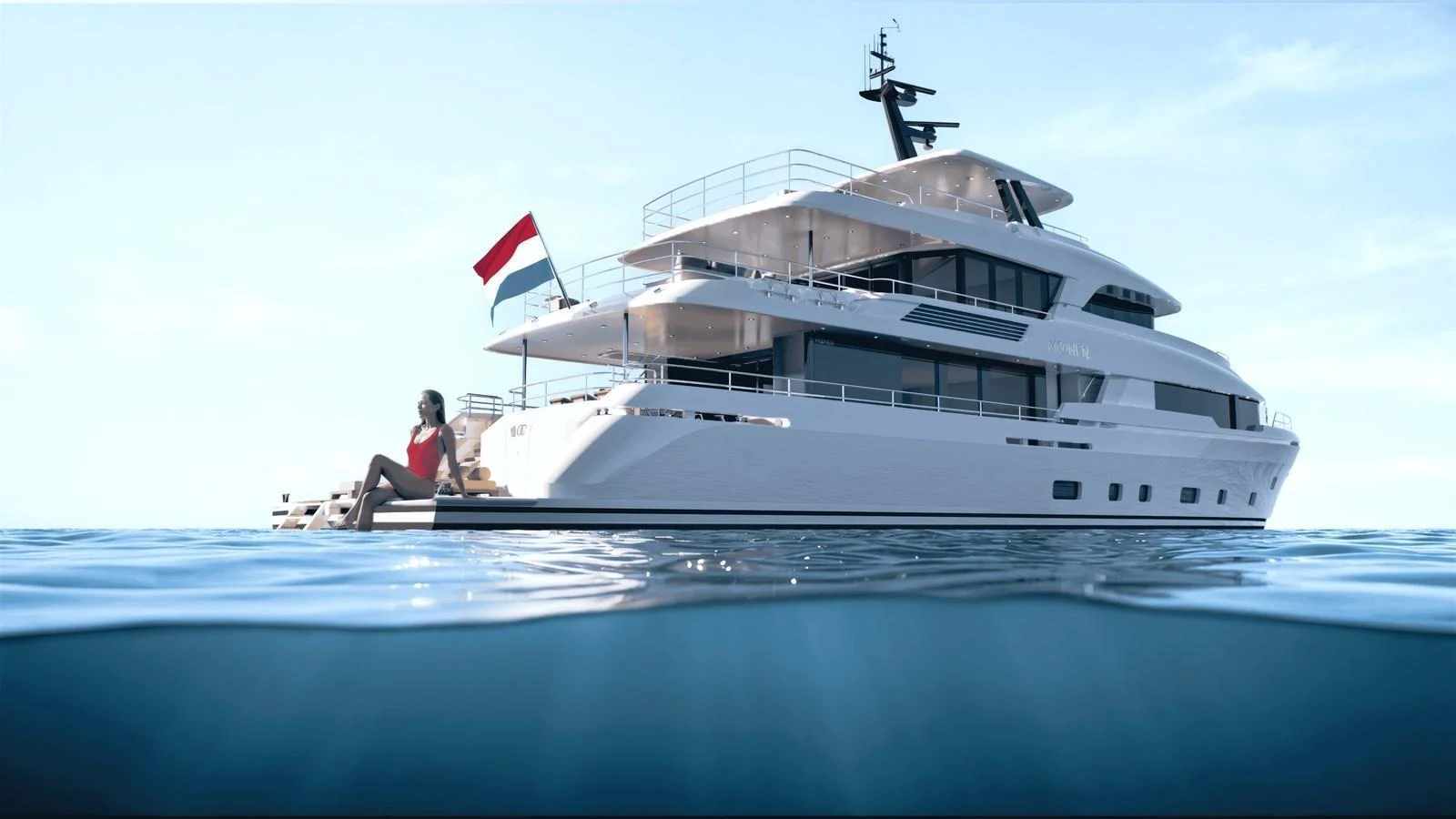 A luxurious yacht is anchored in calm waters, with a person relaxing on the swim platform. aboard YN208 Yacht for Sale
