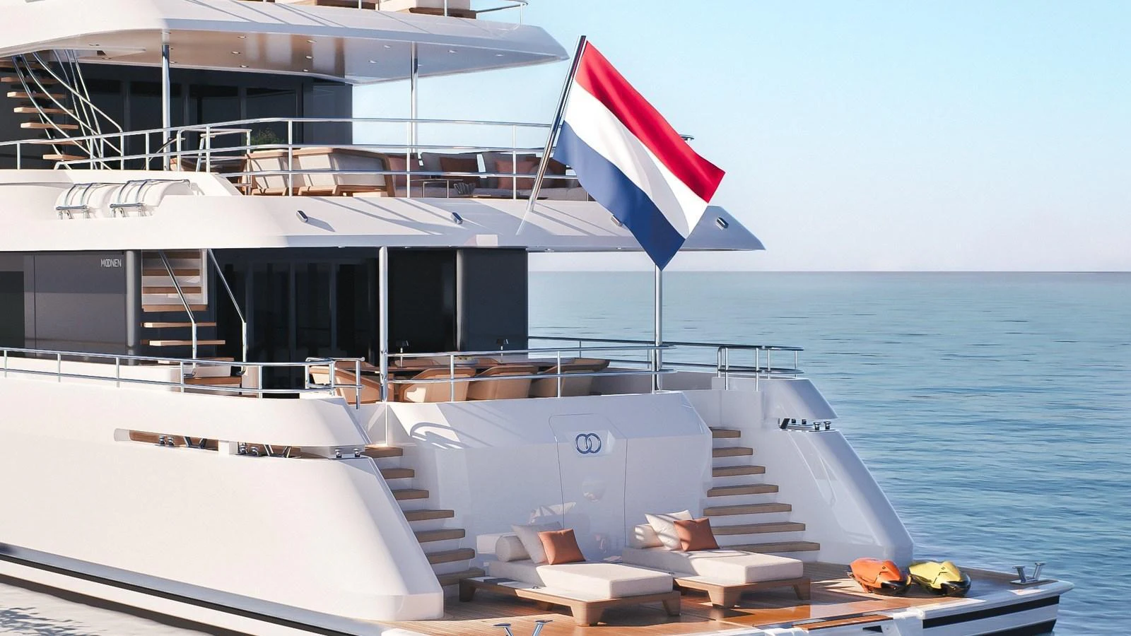 The yacht's aft deck features a spacious lounging area with comfortable seating and a flag waving in the breeze. aboard YN208 Yacht for Sale