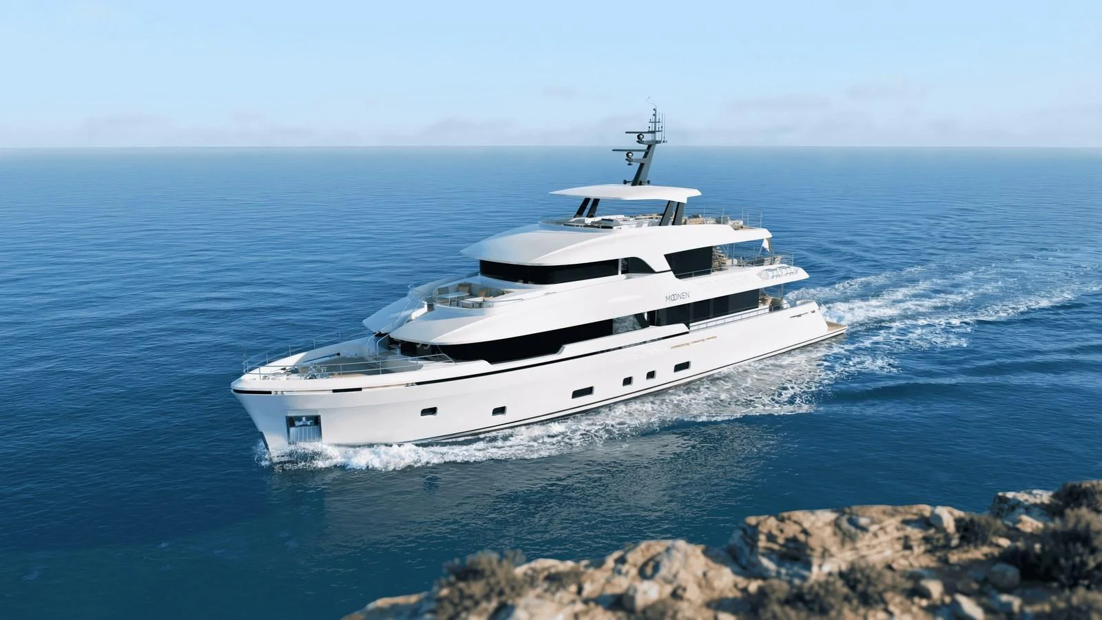 A luxurious yacht cruising on calm blue waters with a clear sky backdrop. aboard YN208 Yacht for Sale