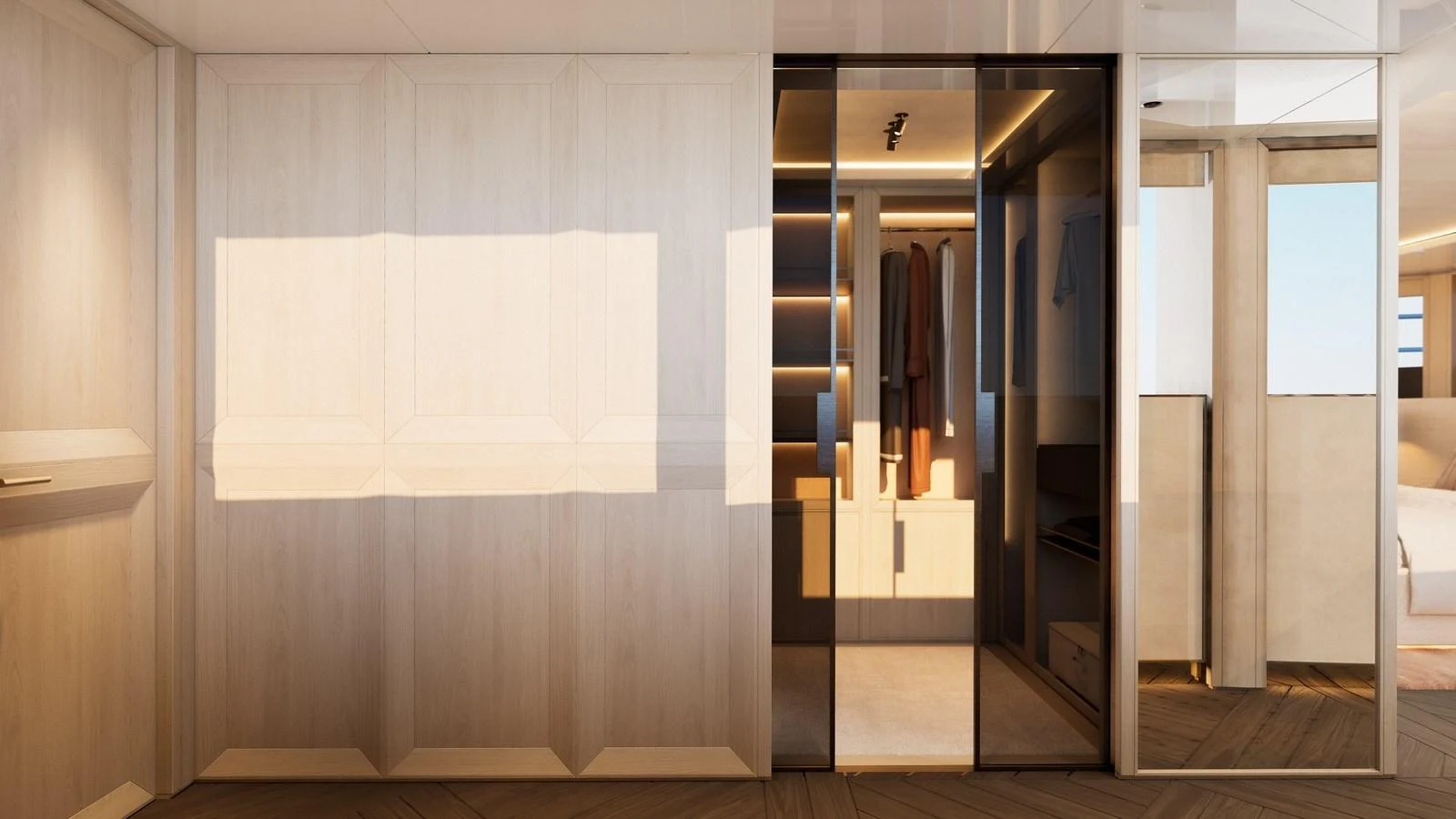 The yacht's interior features a modern, well-lit hallway with sleek design elements. aboard YN208 Yacht for Sale