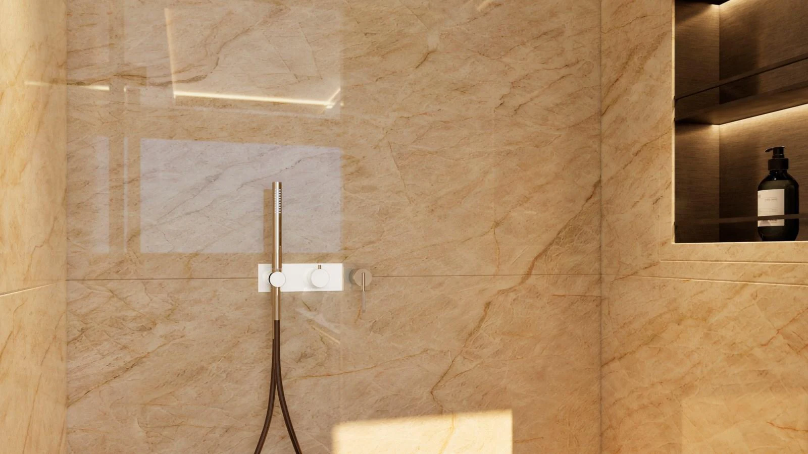 The yacht's bathroom features elegant marble walls and modern fixtures. aboard YN208 Yacht for Sale