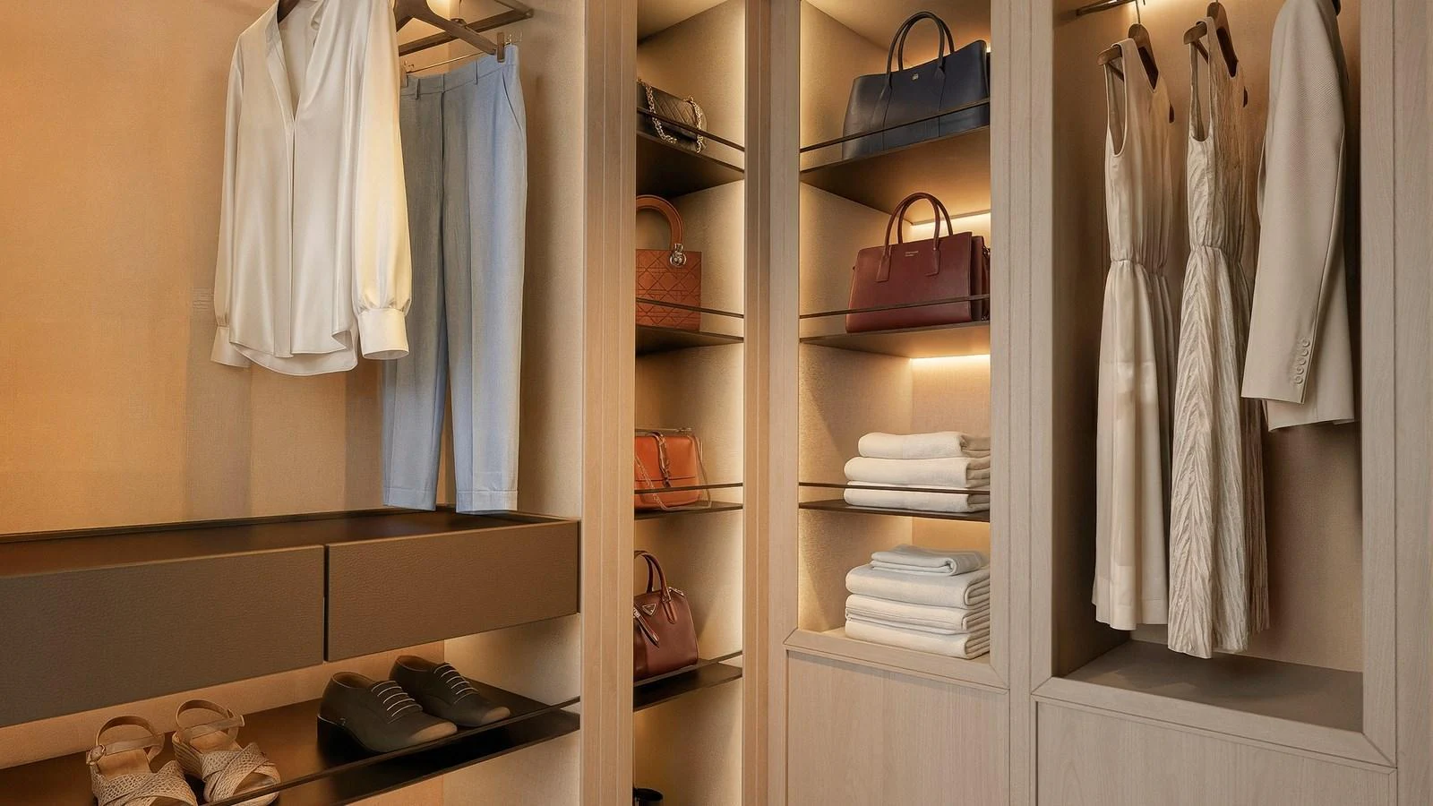 A luxurious walk-in closet with neatly organized clothing and accessories. aboard YN208 Yacht for Sale