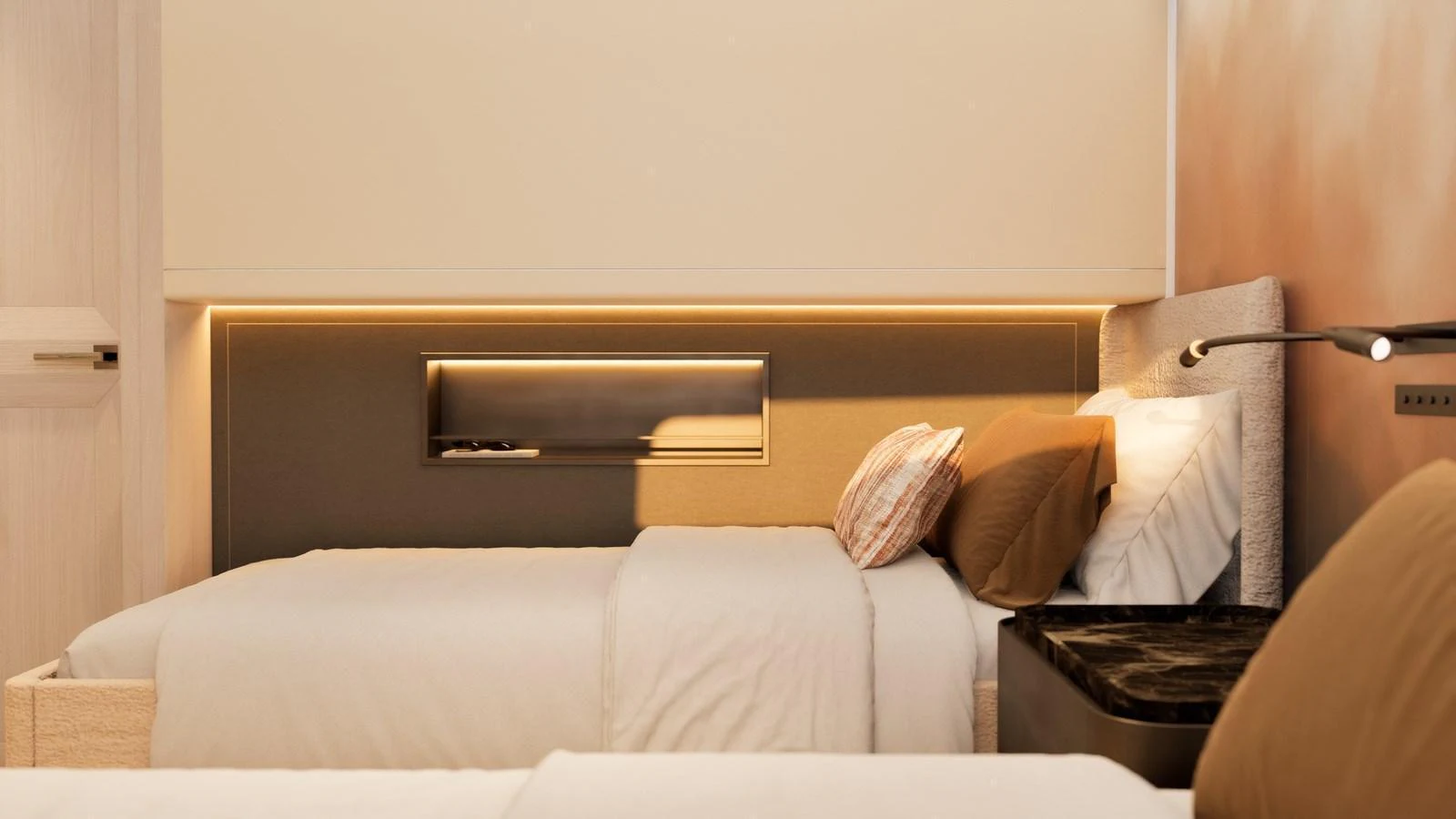 The guest stateroom features twin beds with elegant bedding and ambient lighting. aboard YN208 Yacht for Sale