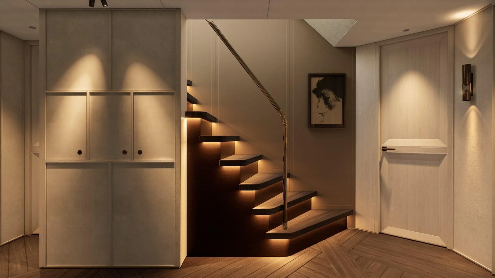 A stylish staircase with ambient lighting enhances the yacht's elegant interior design. aboard YN208 Yacht for Sale
