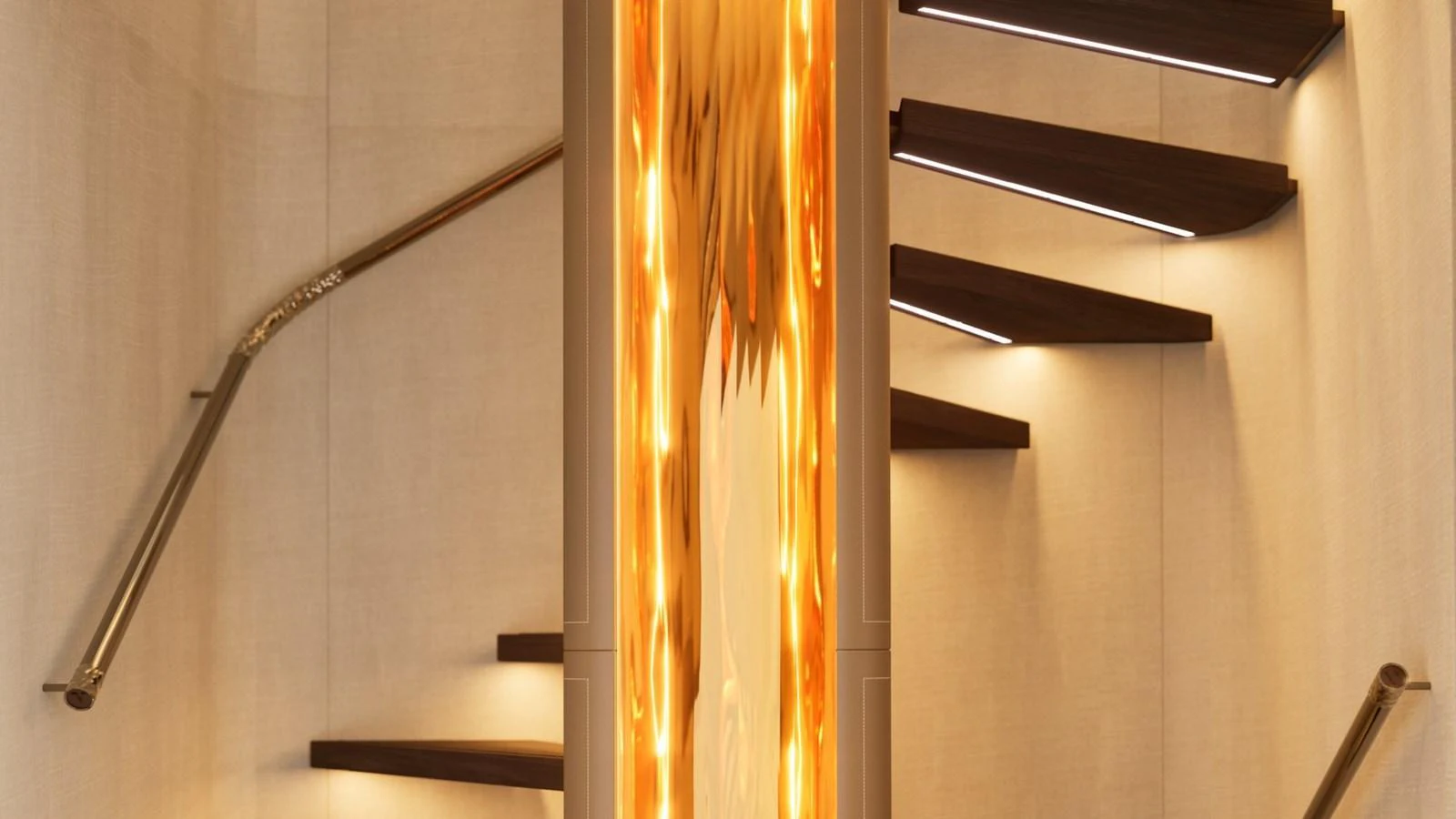 A luxurious interior staircase with elegant lighting and a striking central feature. aboard YN208 Yacht for Sale
