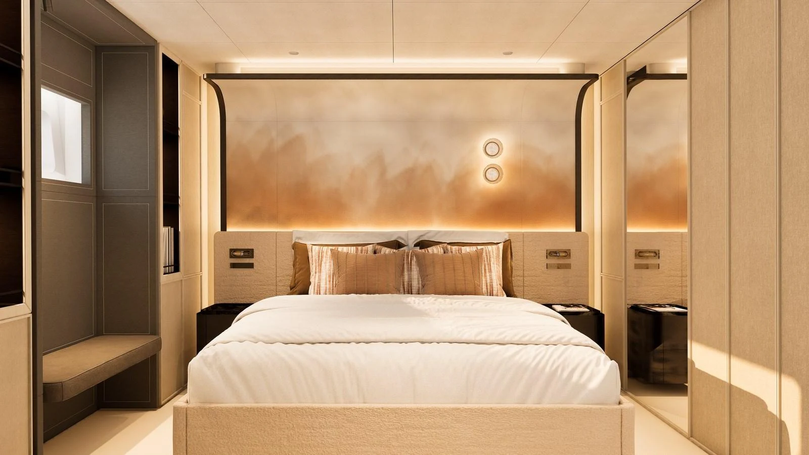 The master stateroom features a luxurious bed with elegant lighting and modern decor. aboard YN208 Yacht for Sale