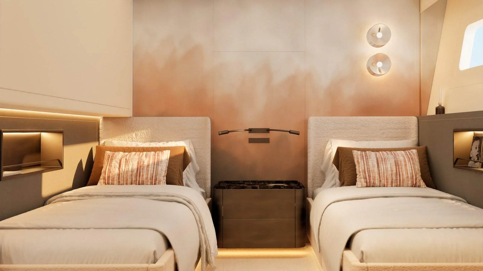 The guest stateroom features twin beds with elegant bedding and modern lighting. aboard YN208 Yacht for Sale