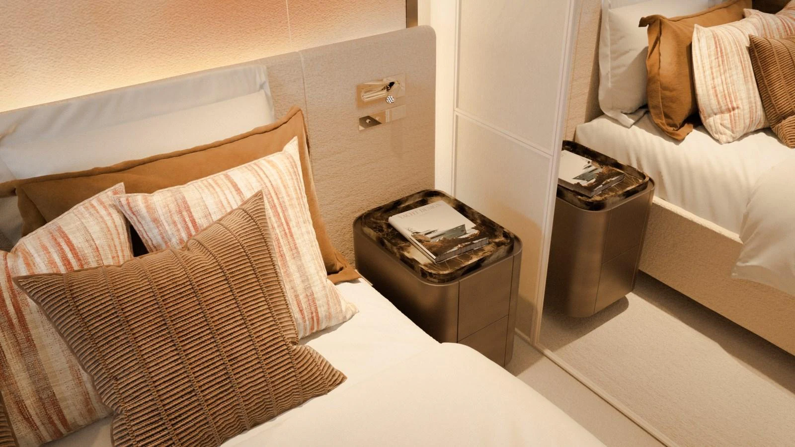 The stateroom features a cozy bed with plush pillows and a stylish bedside table. aboard YN208 Yacht for Sale