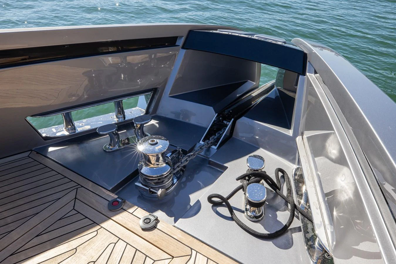 The bow of the yacht features polished stainless steel fittings and a sleek design. aboard CIAO Yacht for Sale