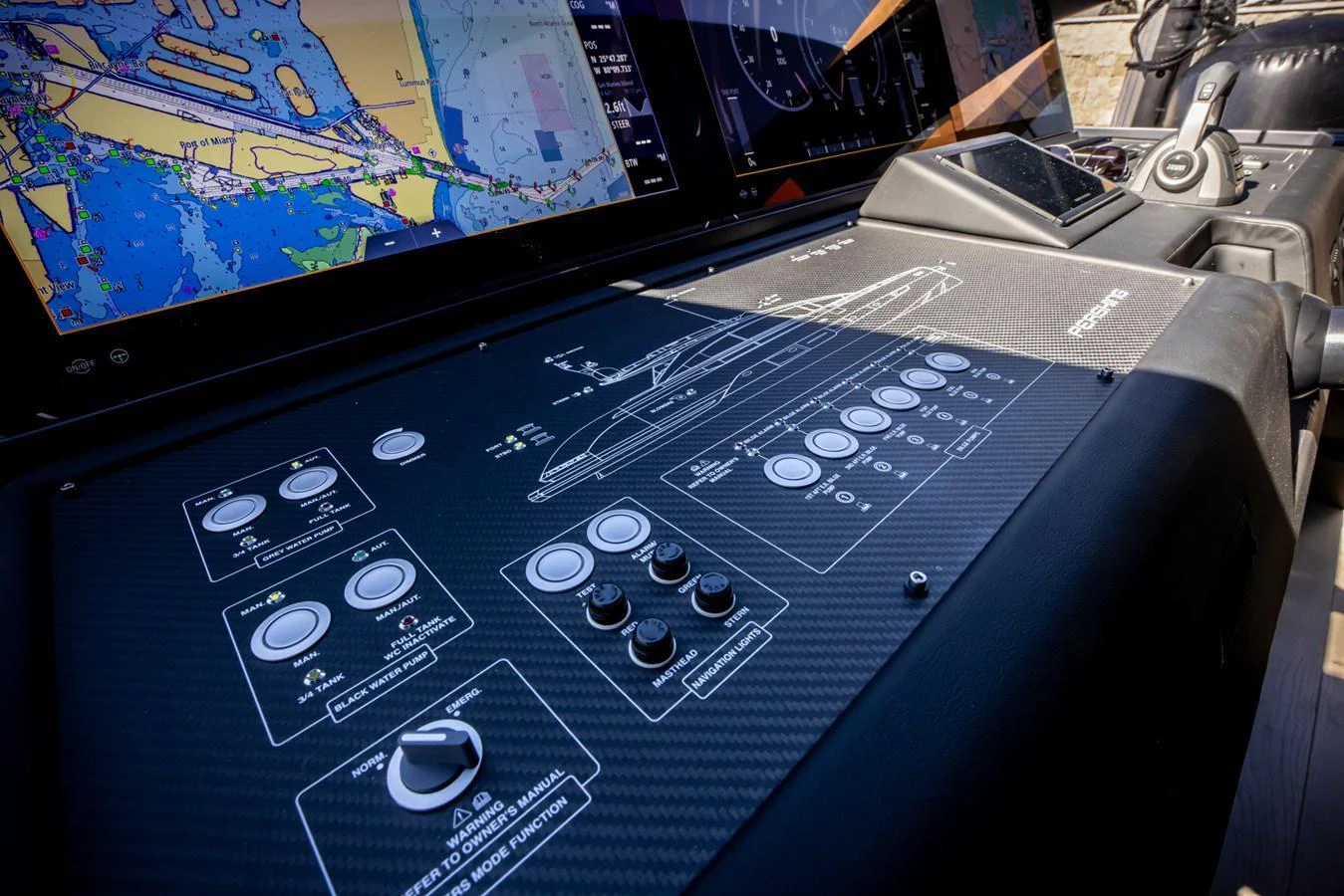 The helm station features advanced navigation and control systems for precise yacht handling. aboard CIAO Yacht for Sale