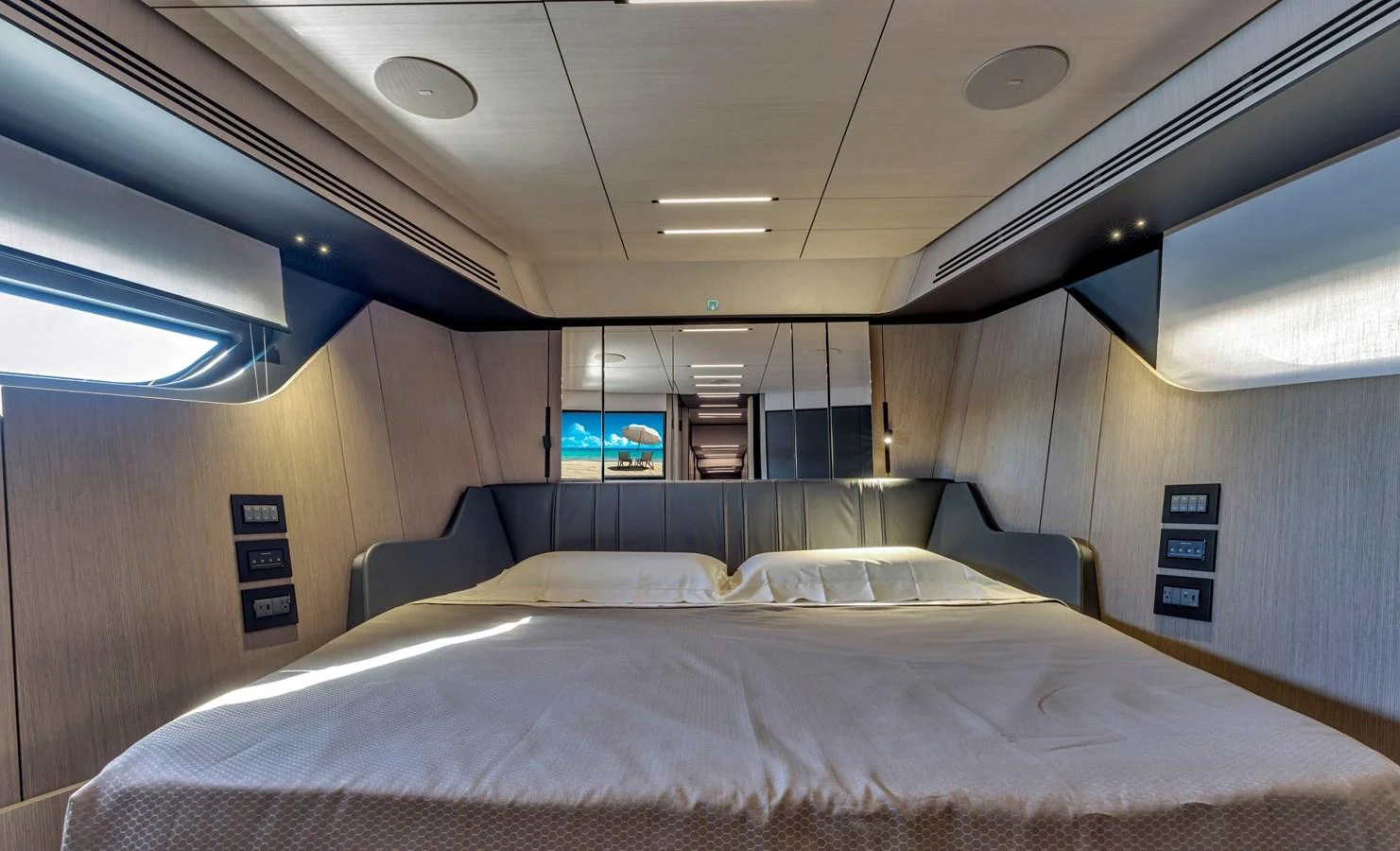 The master stateroom offers a luxurious and spacious sleeping area with modern design elements. aboard CIAO Yacht for Sale