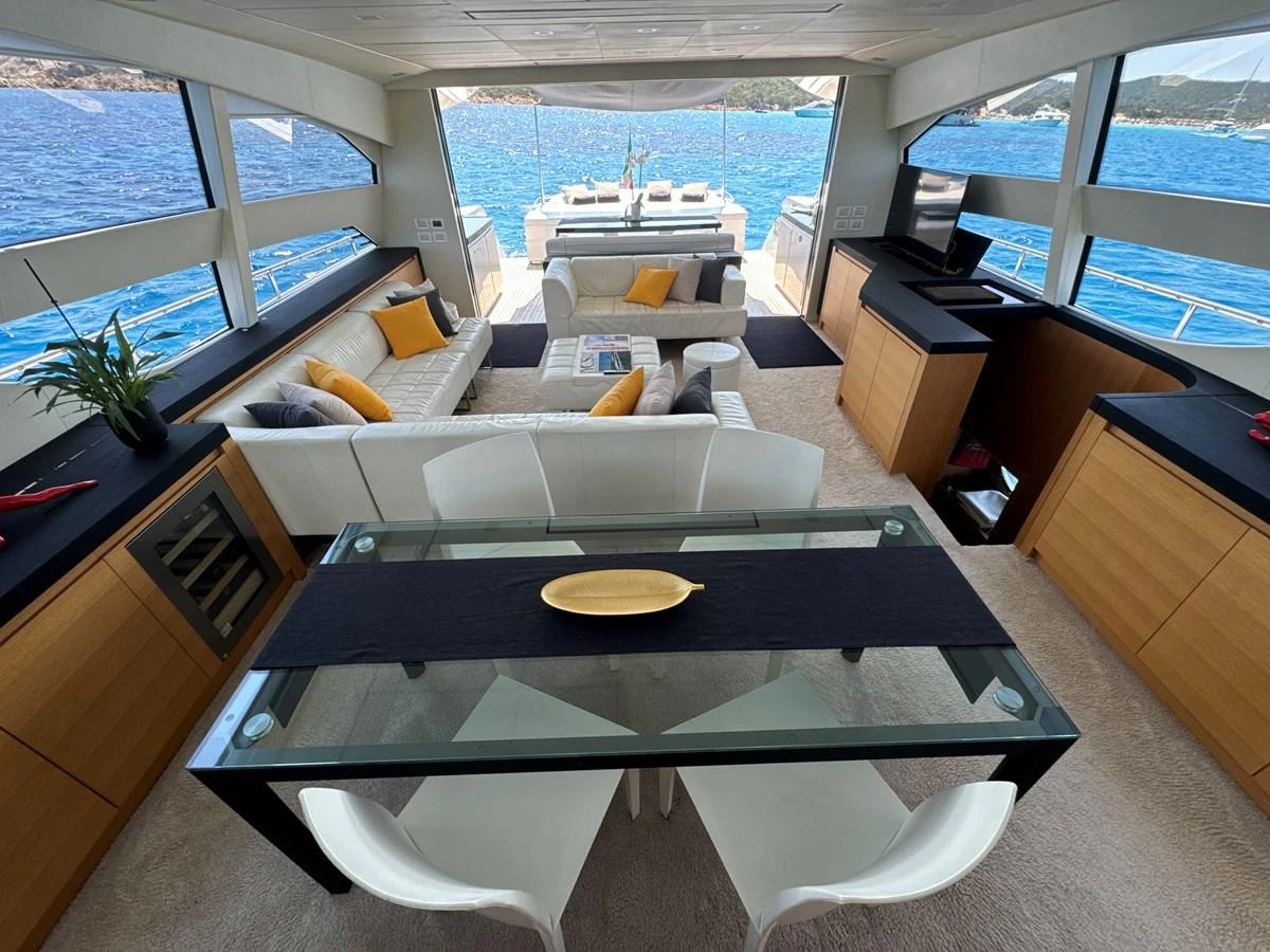 The salon offers a spacious and modern living area with panoramic views of the sea. aboard THYKE III Yacht for Sale