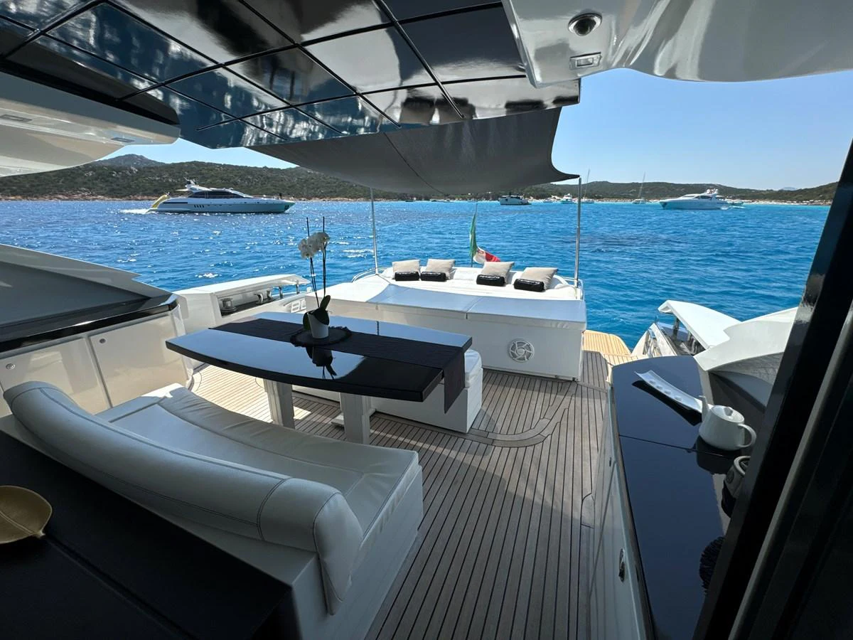 The aft deck offers a luxurious outdoor seating area with stunning views of the surrounding waters. aboard THYKE III Yacht for Sale