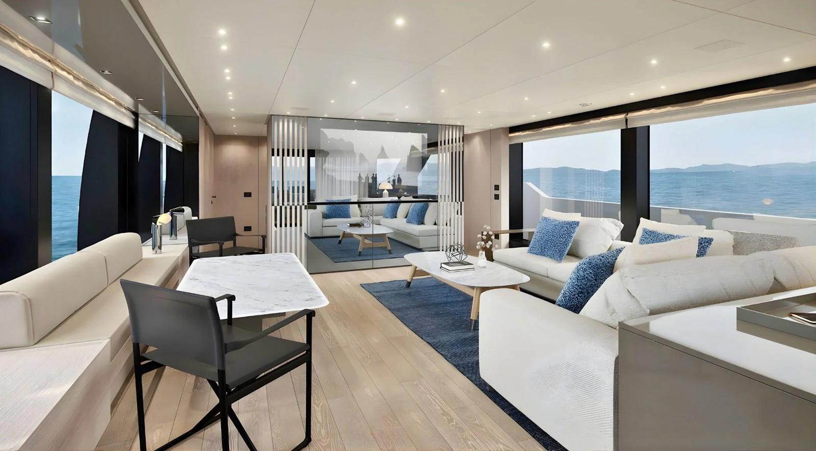 a modern living room with a large window aboard SANLORENZO SL96 ASYMMETRIC #894 Yacht for Sale
