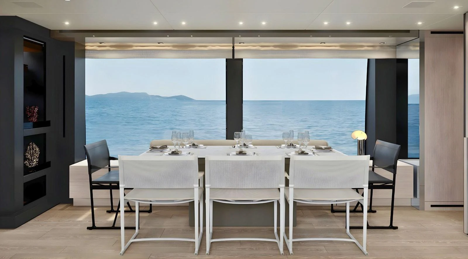 a table set for a dinner aboard SANLORENZO SL96 ASYMMETRIC #894 Yacht for Sale