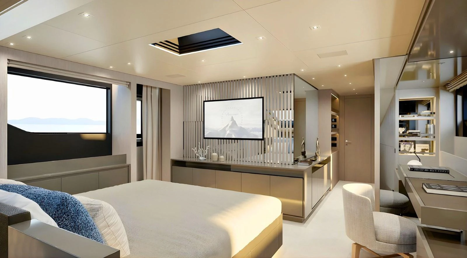 a room with a bed and a tv aboard SANLORENZO SL96 ASYMMETRIC #894 Yacht for Sale