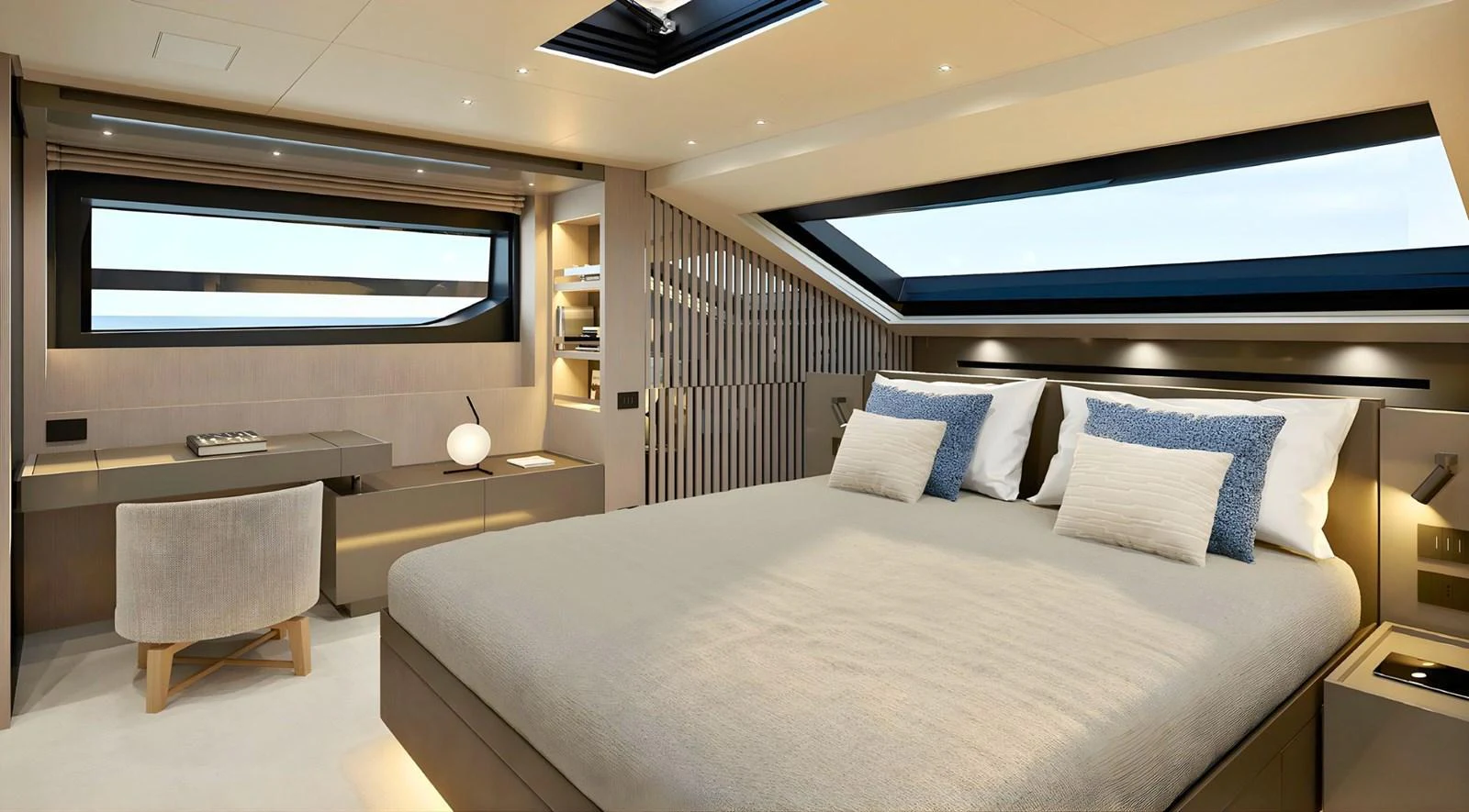 a large bed in a room aboard SANLORENZO SL96 ASYMMETRIC #894 Yacht for Sale
