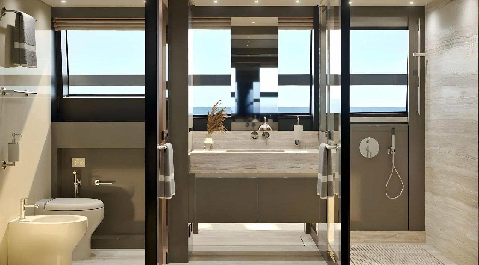a bathroom with a glass shower aboard SANLORENZO SL96 ASYMMETRIC #894 Yacht for Sale