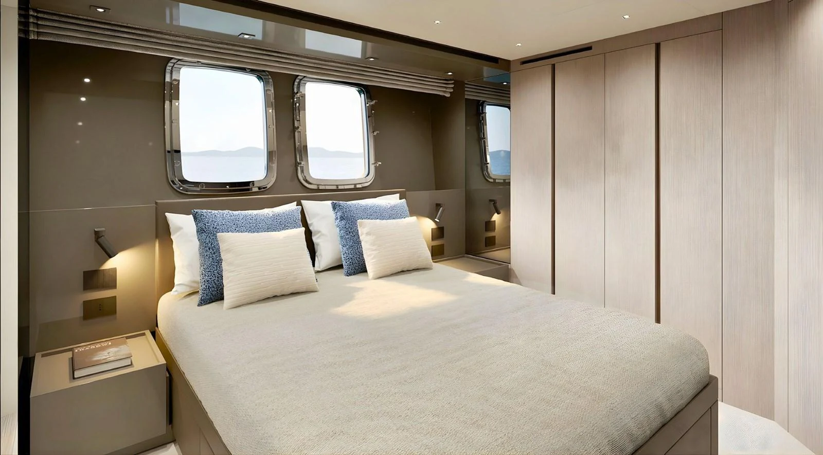 a bed in a room aboard SANLORENZO SL96 ASYMMETRIC #894 Yacht for Sale
