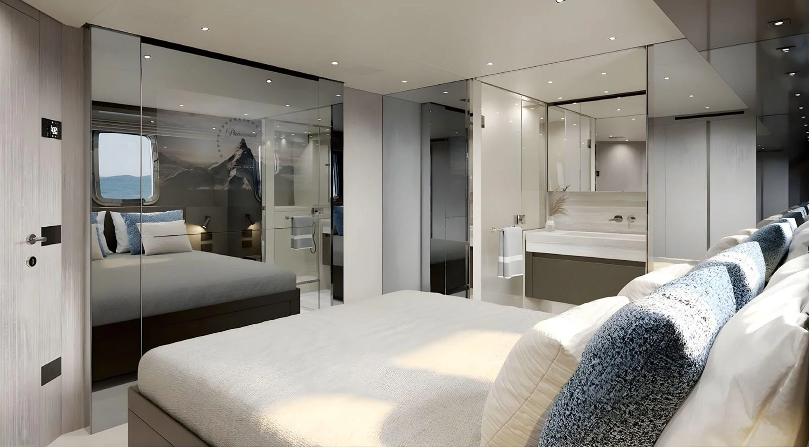 a room with a bed and a couch aboard SANLORENZO SL96 ASYMMETRIC #894 Yacht for Sale