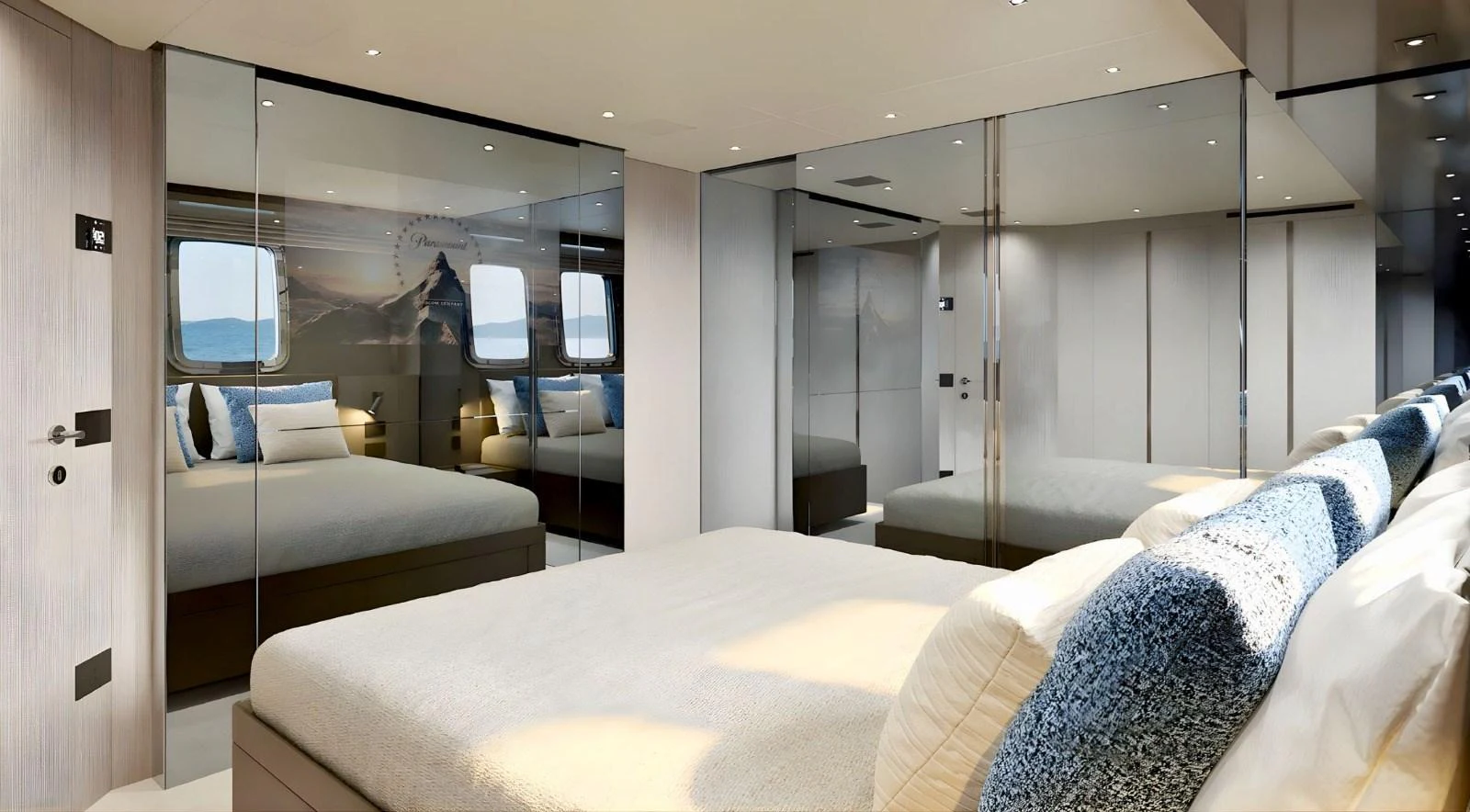a room with a bed and a chair aboard SANLORENZO SL96 ASYMMETRIC #894 Yacht for Sale