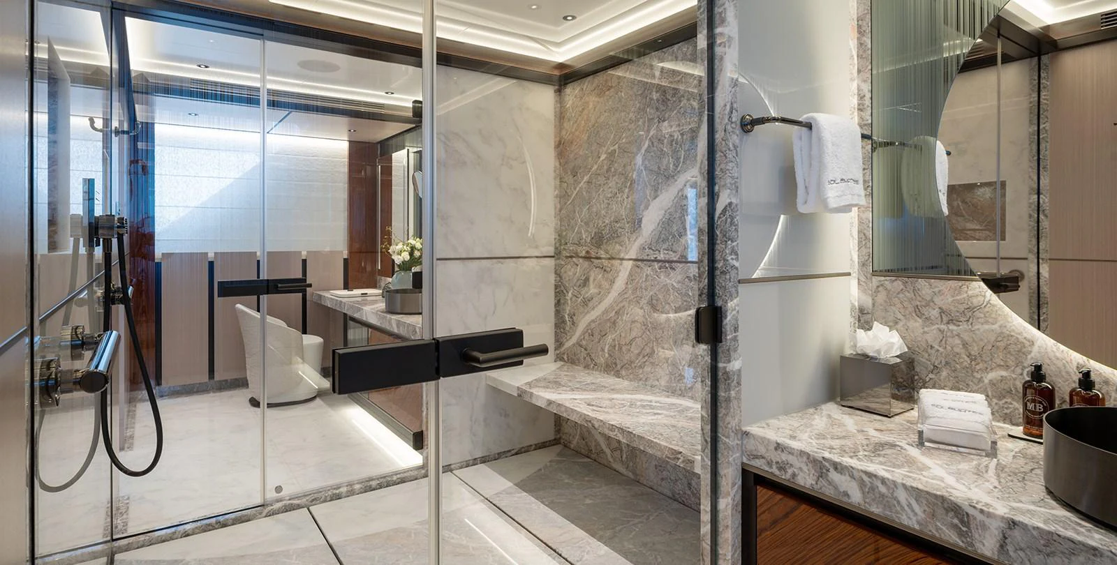 The yacht's bathroom features luxurious marble finishes and modern amenities. aboard SOLEMATES Yacht for Sale