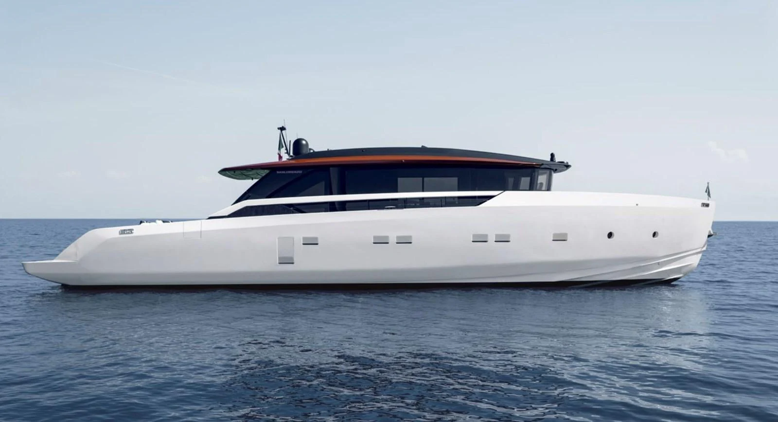 A sleek, modern yacht glides gracefully on calm waters under a clear sky. aboard SP92 Yacht for Sale