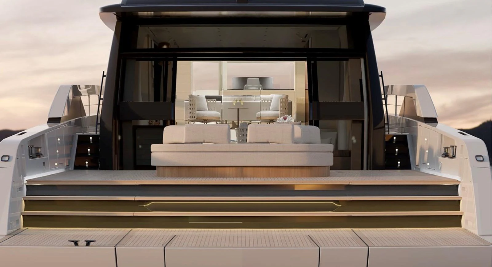 The aft deck of this yacht features a spacious and inviting seating area, perfect for relaxation and socializing. aboard SP92 Yacht for Sale