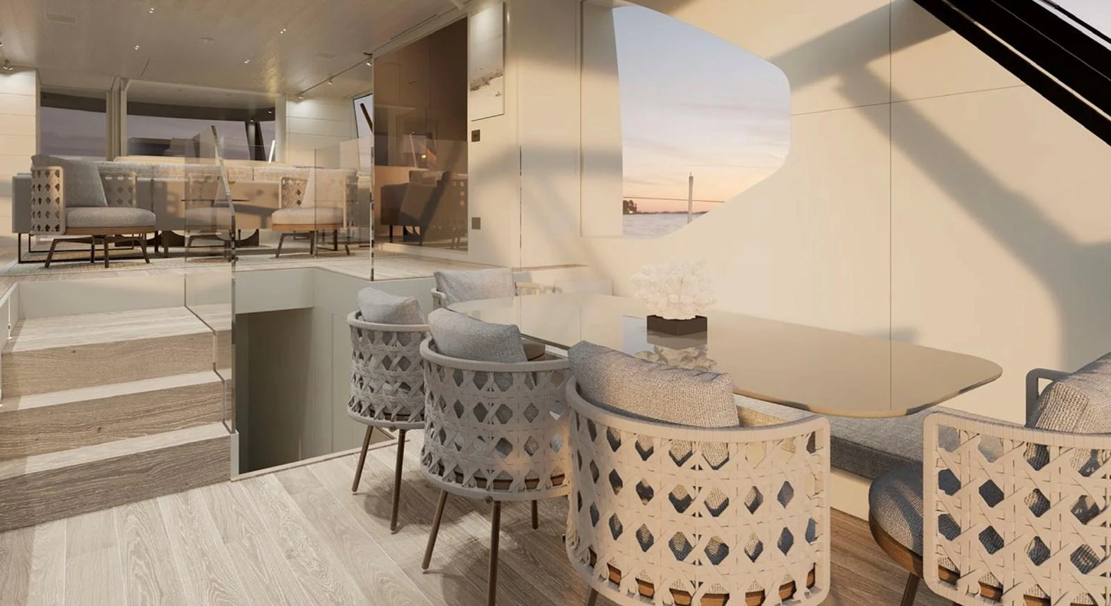 The salon offers a serene and elegant space with modern furnishings and ample natural light. aboard SP92 Yacht for Sale