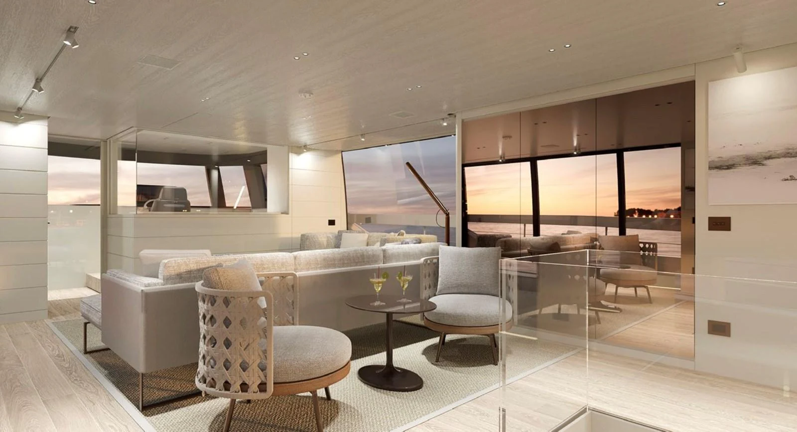 The yacht's salon offers a spacious and elegant seating area with panoramic views through large windows. aboard SP92 Yacht for Sale