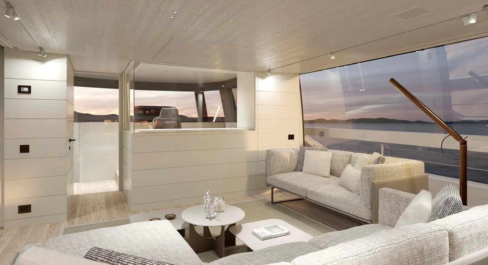 The salon offers a spacious and elegant area with modern furnishings and panoramic views. aboard SP92 Yacht for Sale
