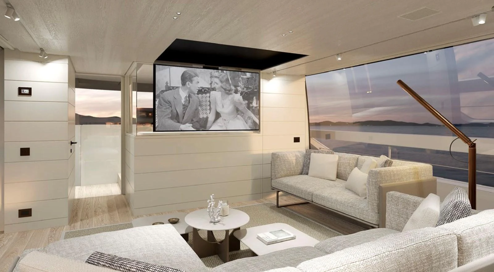 The salon features modern furnishings and a large window offering stunning sea views. aboard SP92 Yacht for Sale