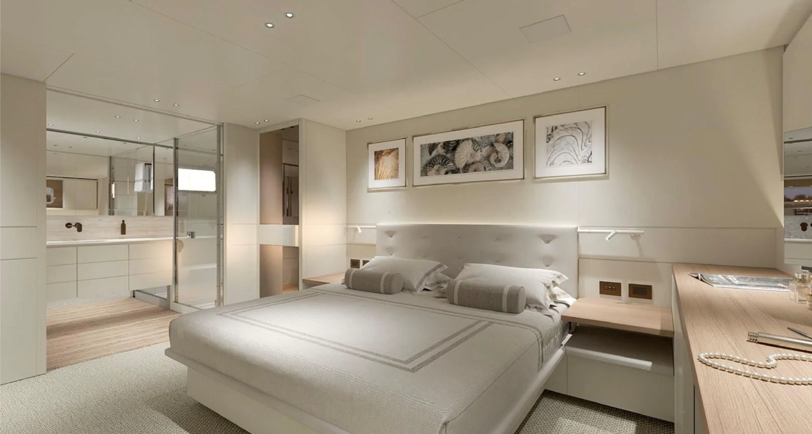 The master stateroom exudes elegance with its spacious layout and refined decor. aboard SP92 Yacht for Sale