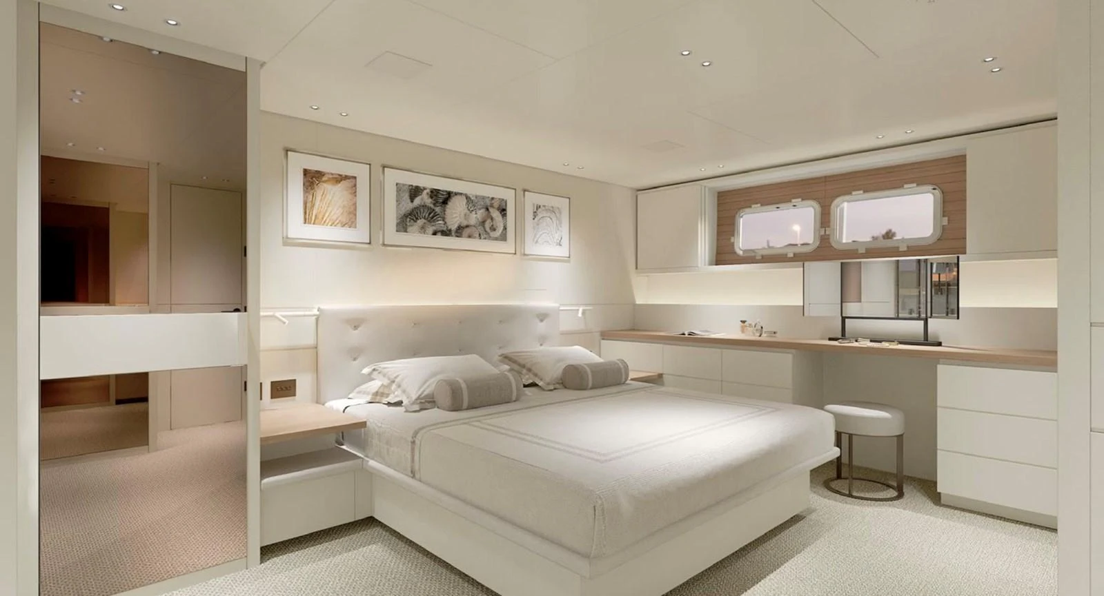 The master stateroom exudes elegance with its spacious layout and refined decor. aboard SP92 Yacht for Sale