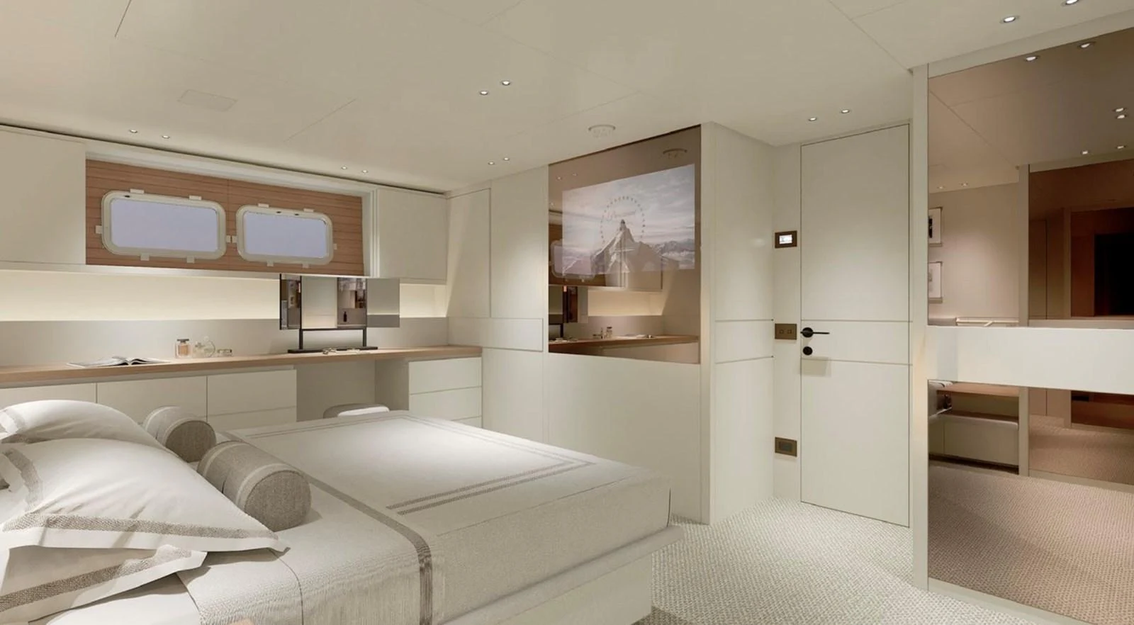 The master stateroom features a luxurious bed, ample storage, and a serene ambiance. aboard SP92 Yacht for Sale