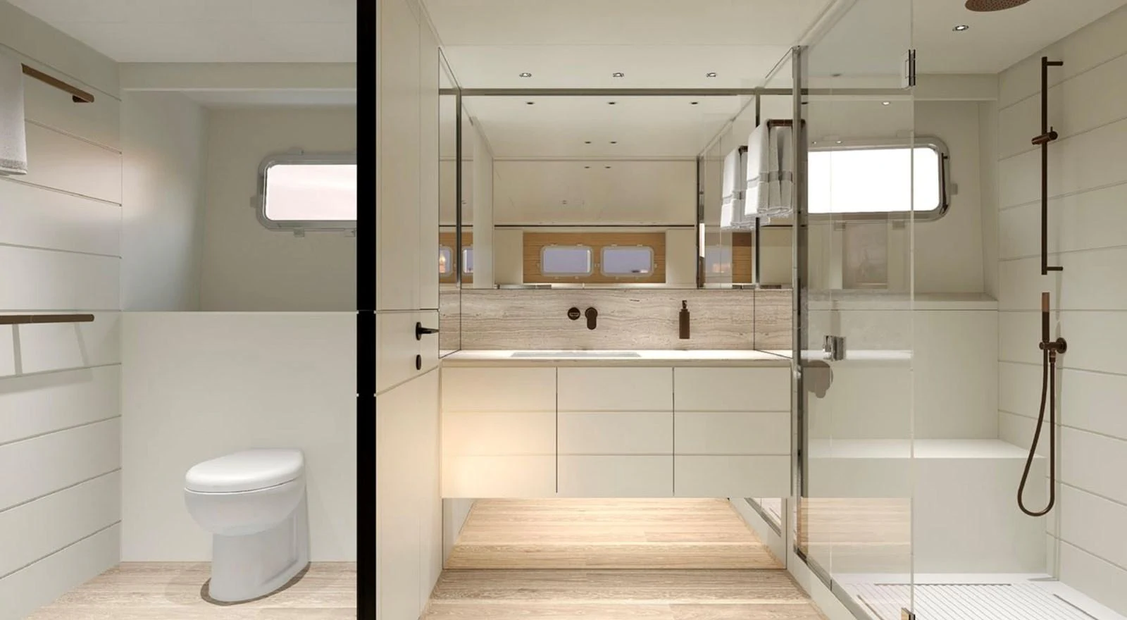 The yacht's bathroom features modern fixtures and a spacious shower area. aboard SP92 Yacht for Sale