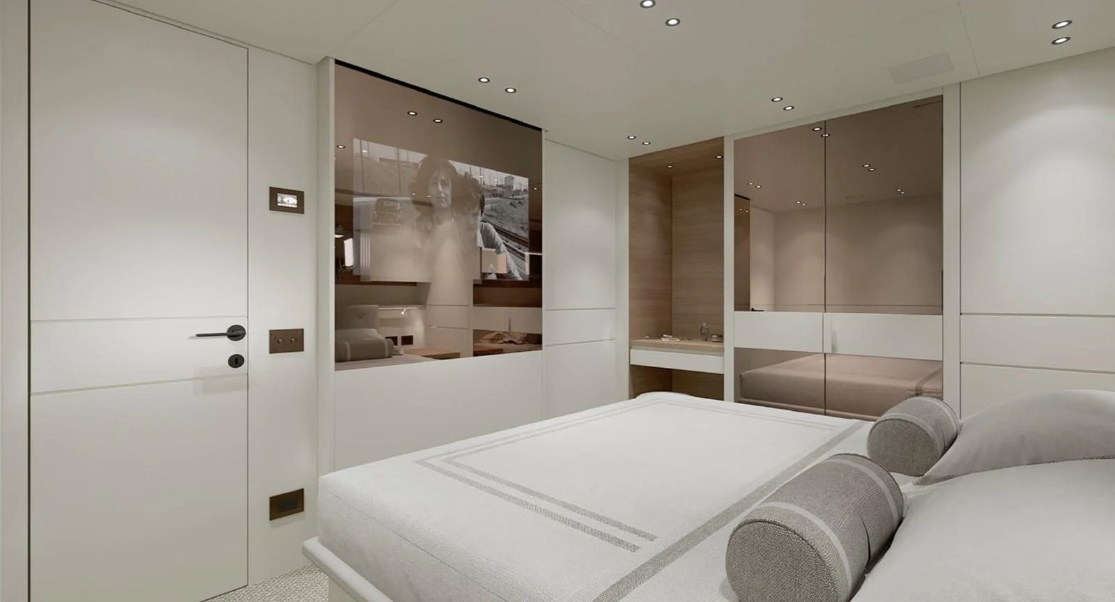 The stateroom features a modern, minimalist design with neutral tones and luxurious bedding. aboard SP92 Yacht for Sale