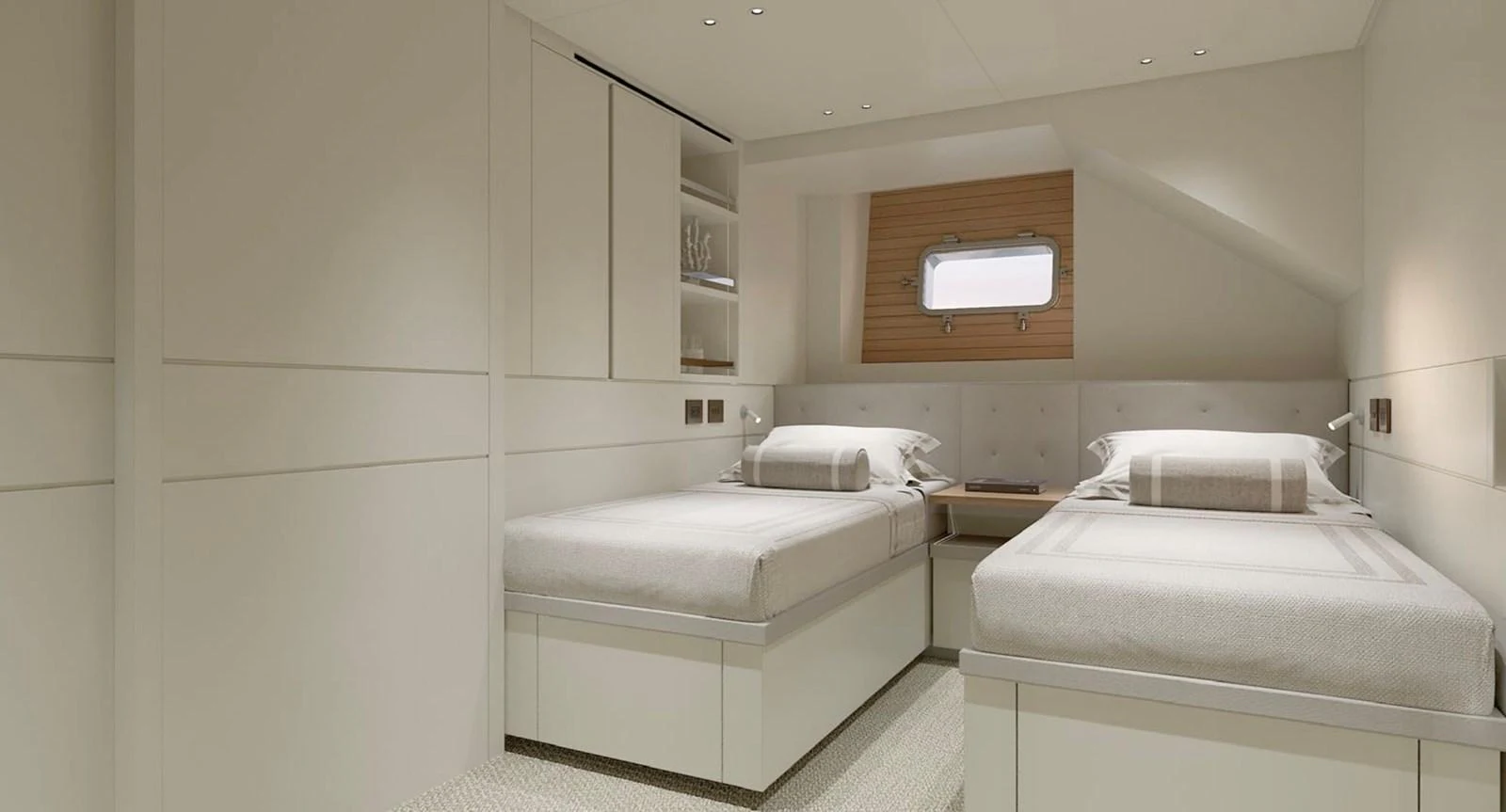 The twin stateroom offers a serene and comfortable sleeping area with modern design elements. aboard SP92 Yacht for Sale