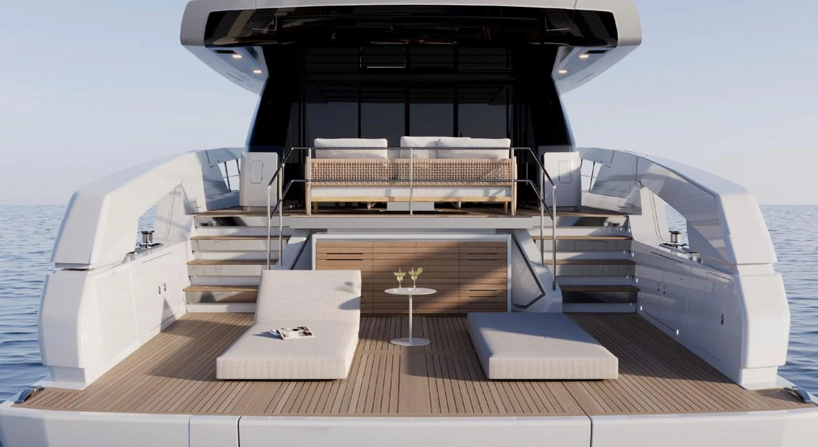 The yacht's aft deck features a spacious lounging area with comfortable seating and elegant design. aboard SX76 Yacht for Sale