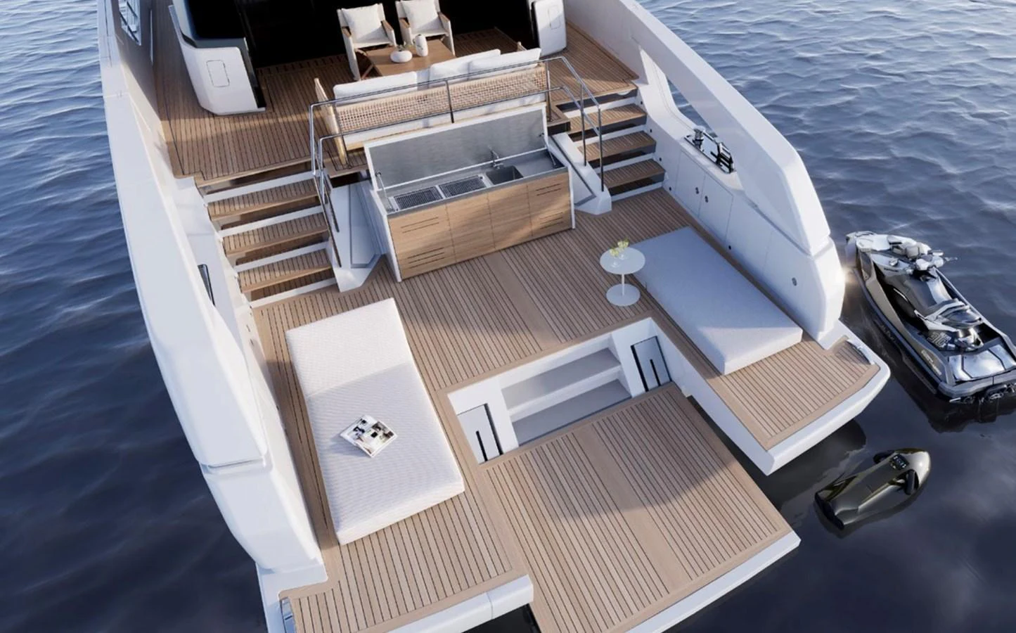 The aft deck features a spacious lounging area with sun pads, a dining table, and easy access to the water. aboard SX76 Yacht for Sale
