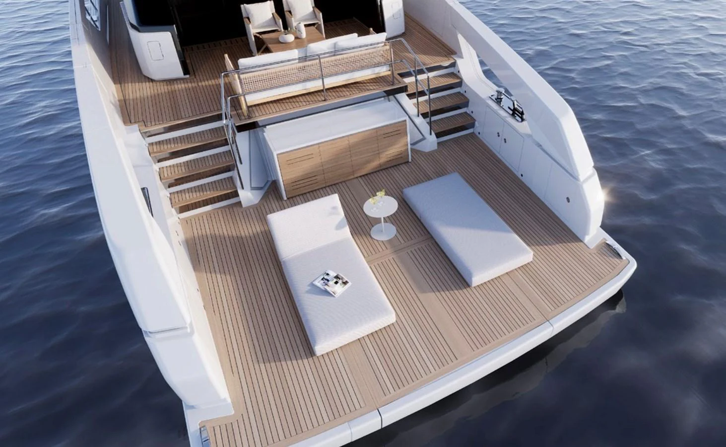 The aft deck features a spacious lounging area with sun pads and a small table, perfect for relaxation. aboard SX76 Yacht for Sale