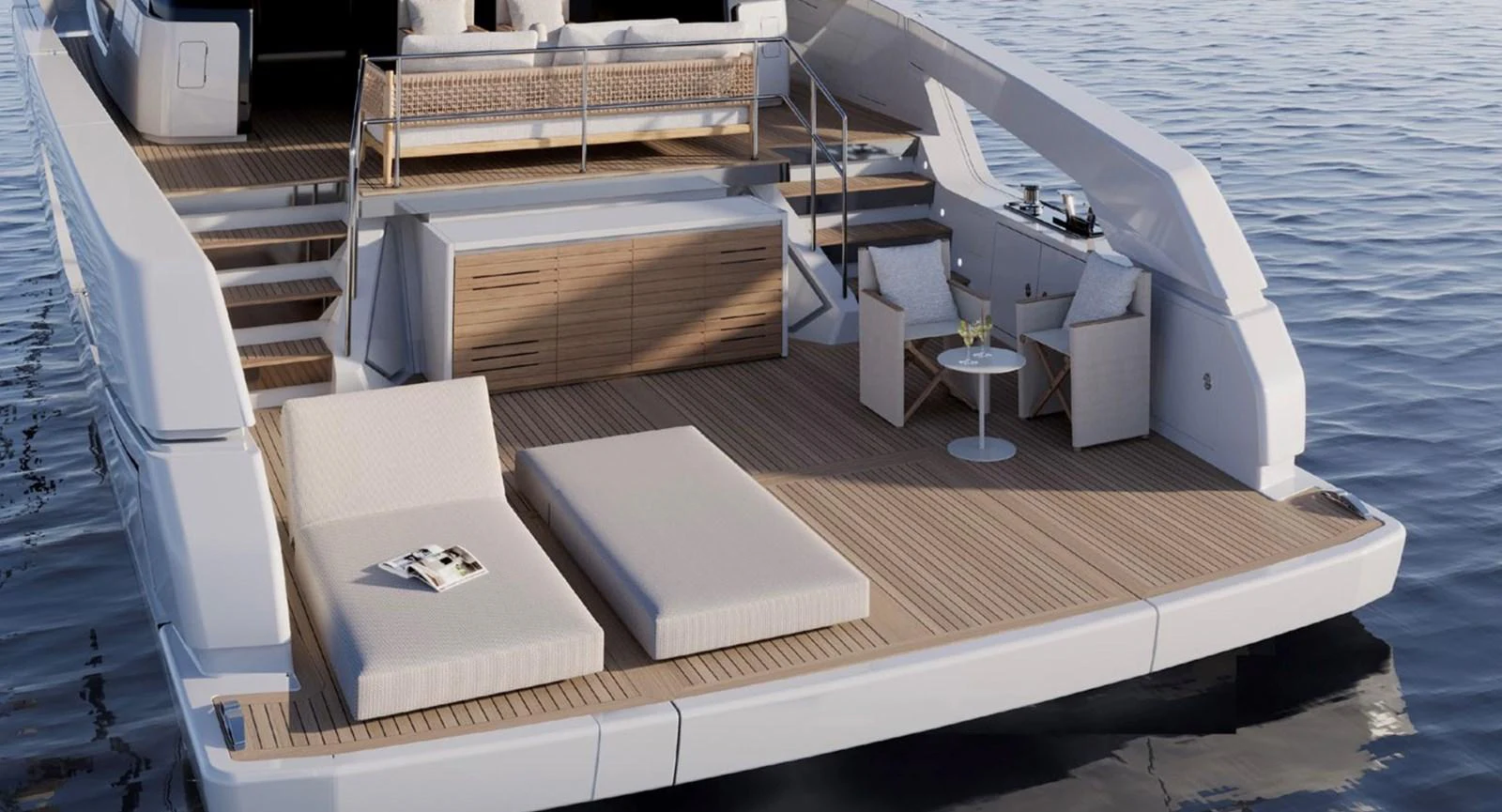 The yacht's aft deck features luxurious sun loungers and a cozy seating area, perfect for relaxation. aboard SX76 Yacht for Sale