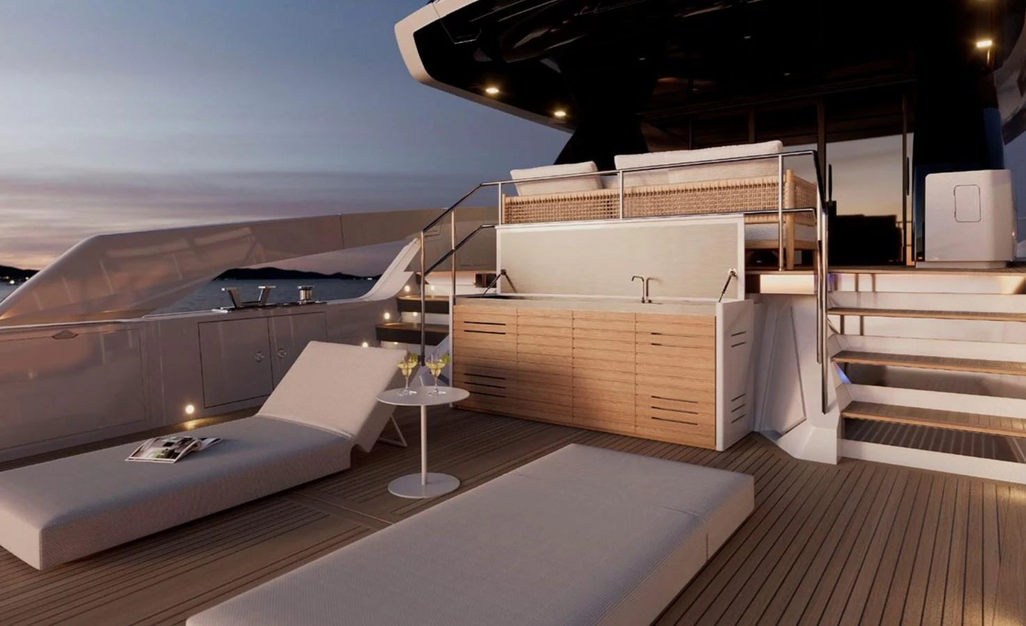 The aft deck features luxurious sun loungers and a sleek wet bar, perfect for relaxation and entertainment. aboard SX76 Yacht for Sale