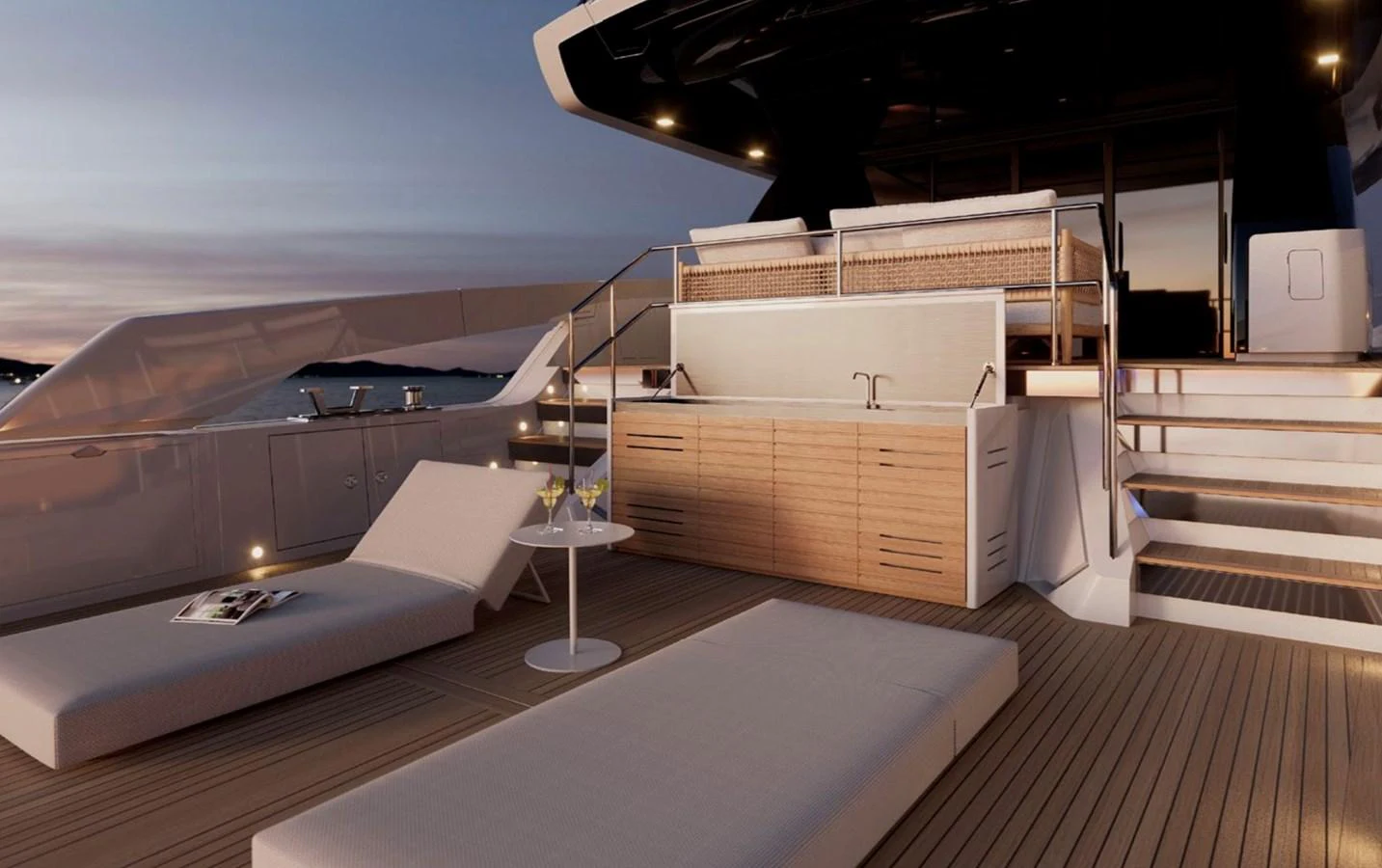 The aft deck features a luxurious lounging area with sunbeds and a sleek bar setup, perfect for relaxation and entertaining. aboard SX76 Yacht for Sale