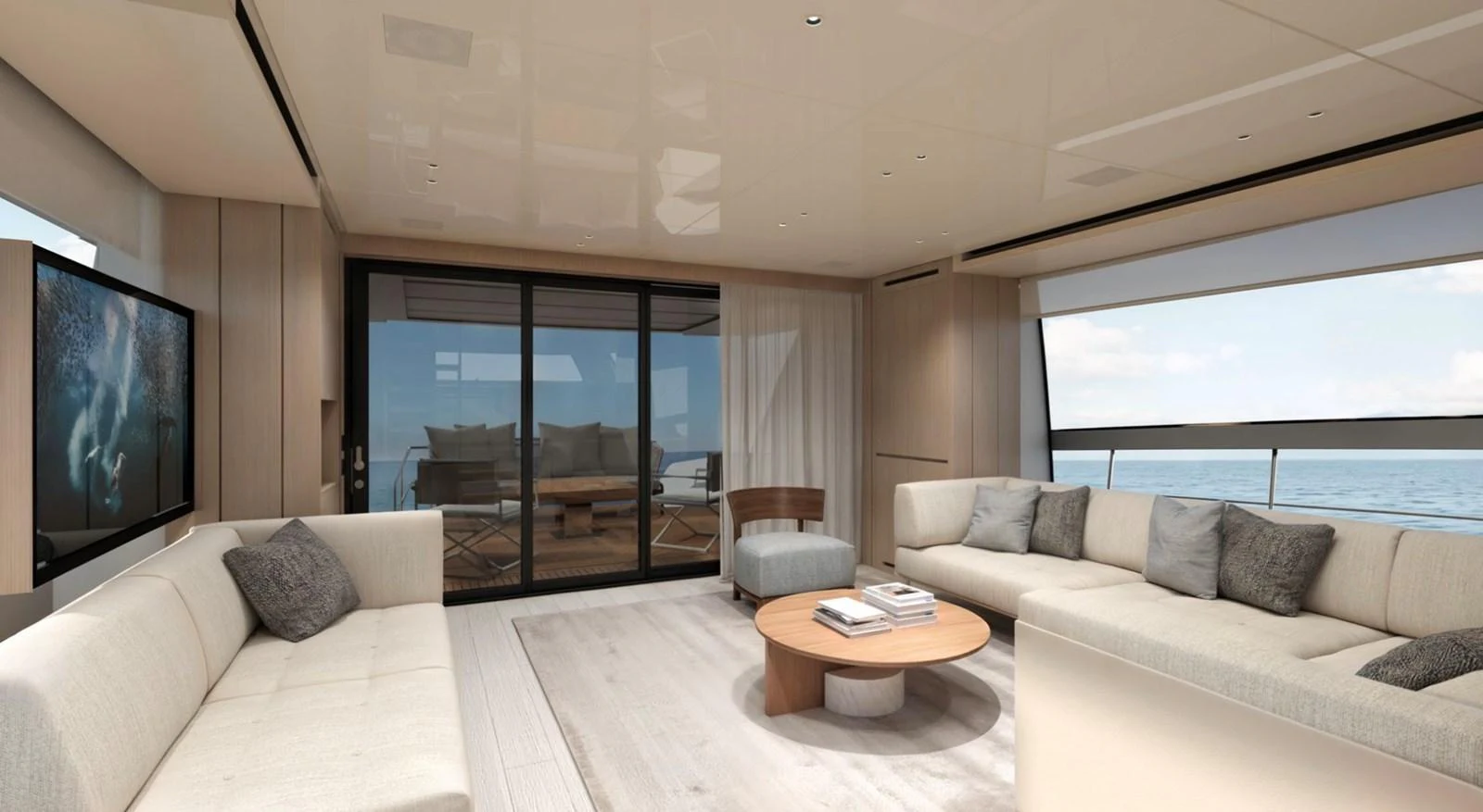 The salon features a spacious and modern seating area with large windows offering stunning ocean views. aboard SX76 Yacht for Sale