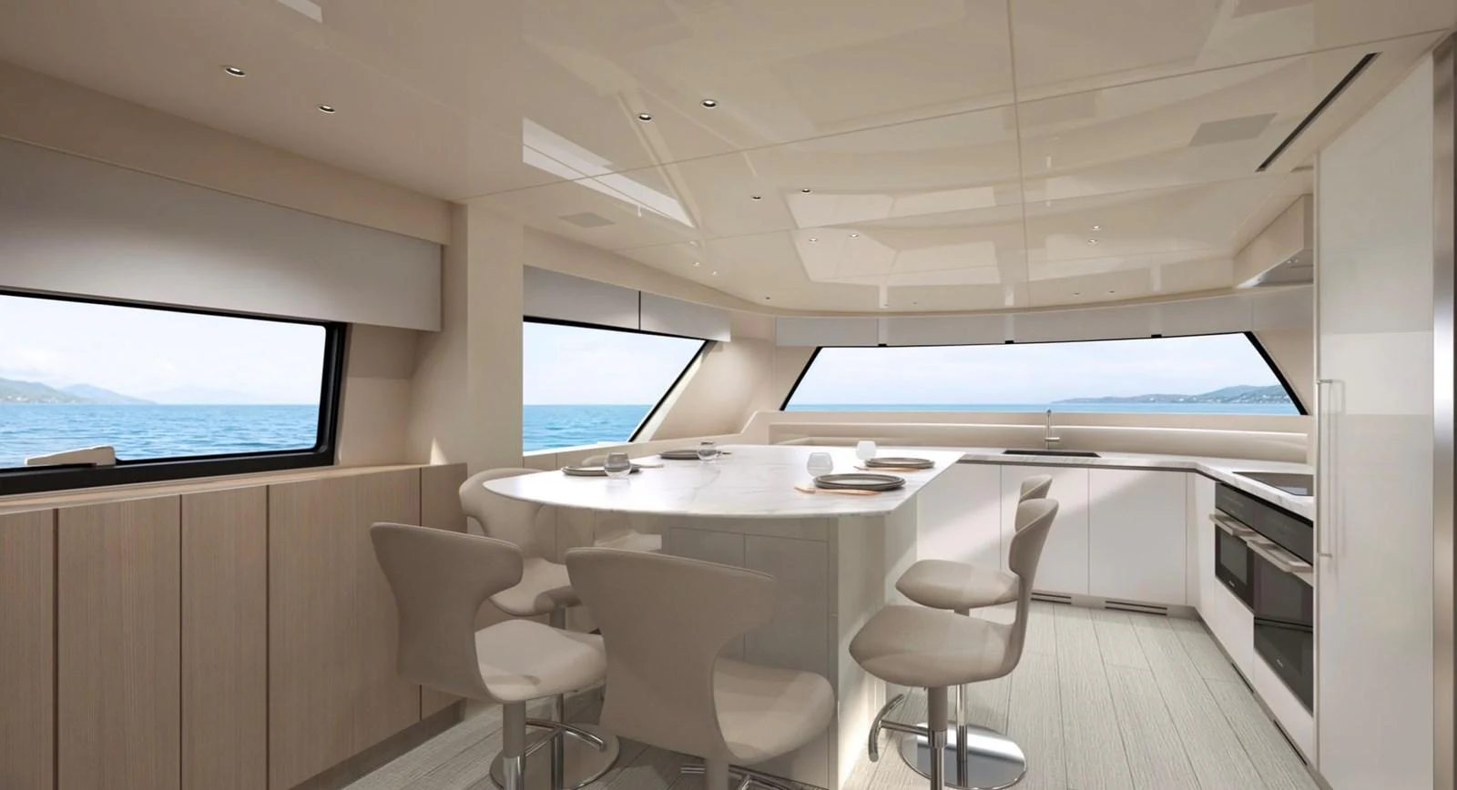 The galley features a modern design with panoramic windows offering stunning sea views. aboard SX76 Yacht for Sale
