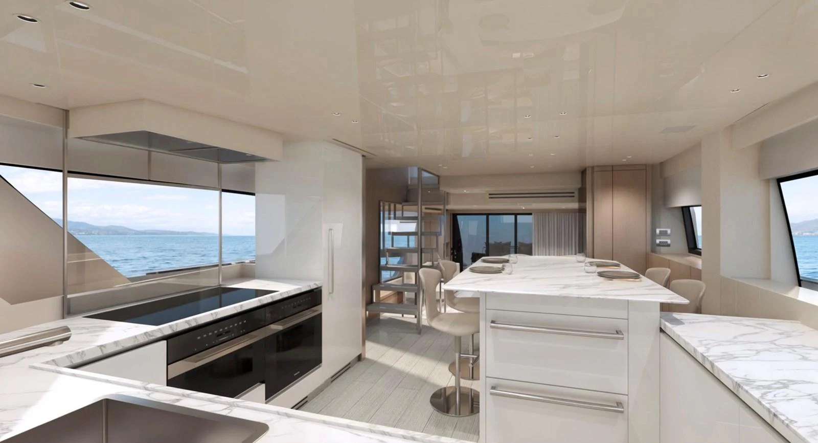 The yacht's galley features modern appliances and a sleek design with panoramic windows offering stunning sea views. aboard SX76 Yacht for Sale