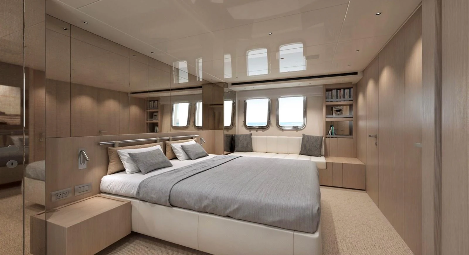 The master stateroom features a spacious bed, modern furnishings, and ample natural light. aboard SX76 Yacht for Sale