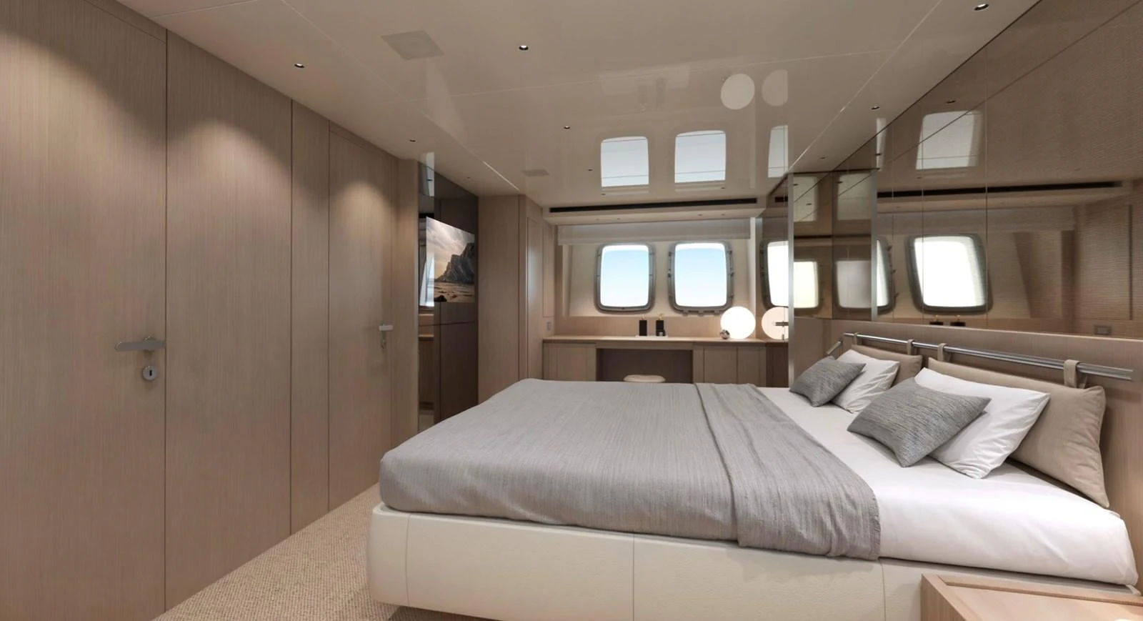 The master stateroom features a spacious bed, ample storage, and large windows for natural light. aboard SX76 Yacht for Sale
