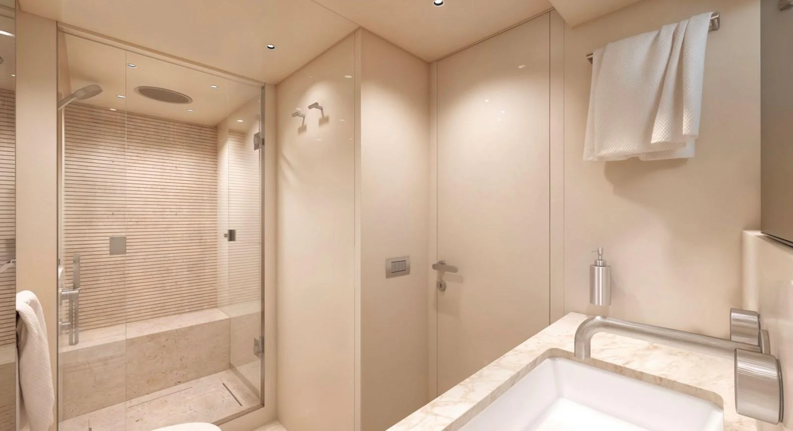 The yacht's bathroom features a modern design with a spacious shower and elegant fixtures. aboard SX76 Yacht for Sale
